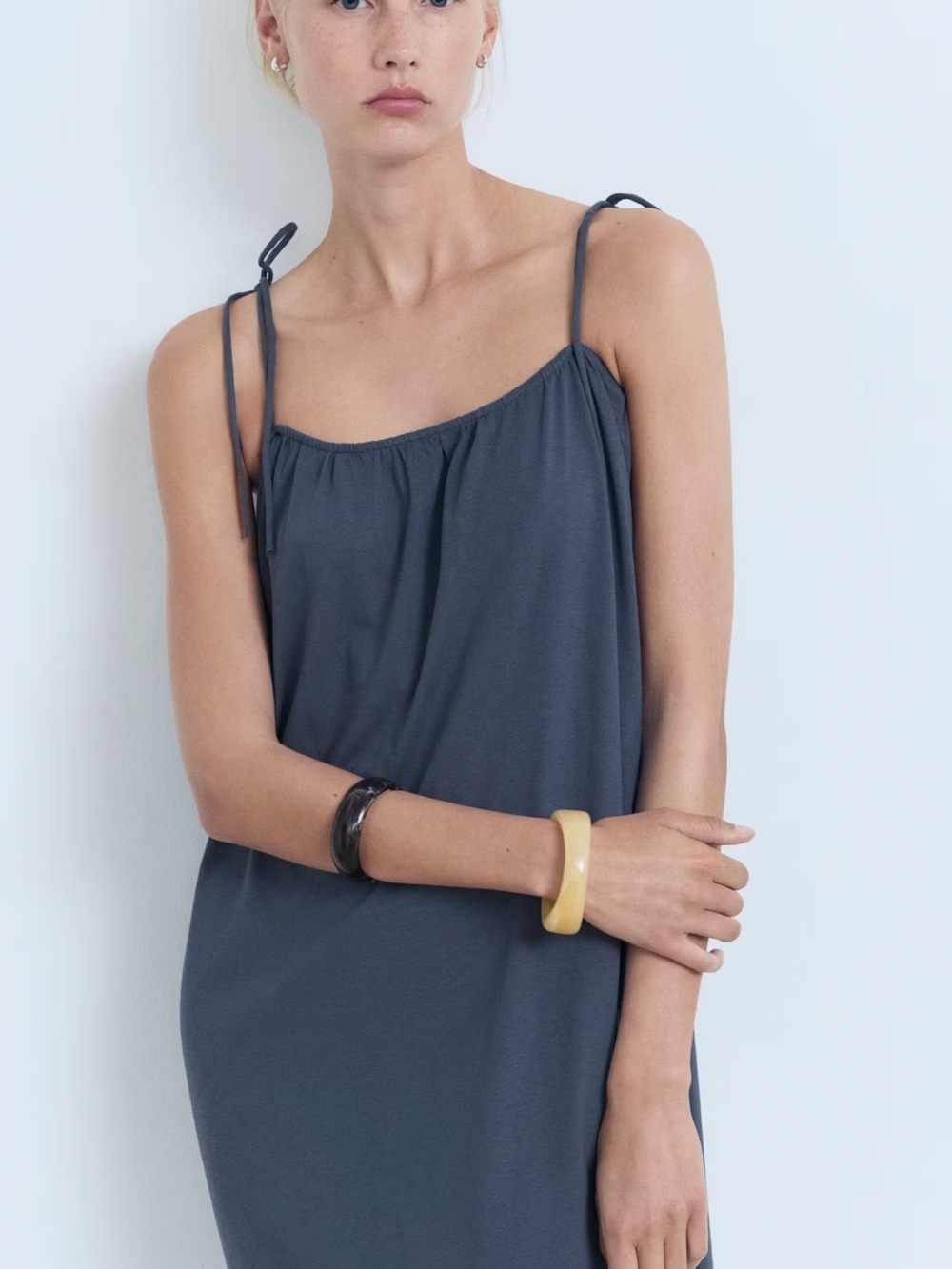 Mango Blue Gray Tie-Shoulder Slip Dress NWT